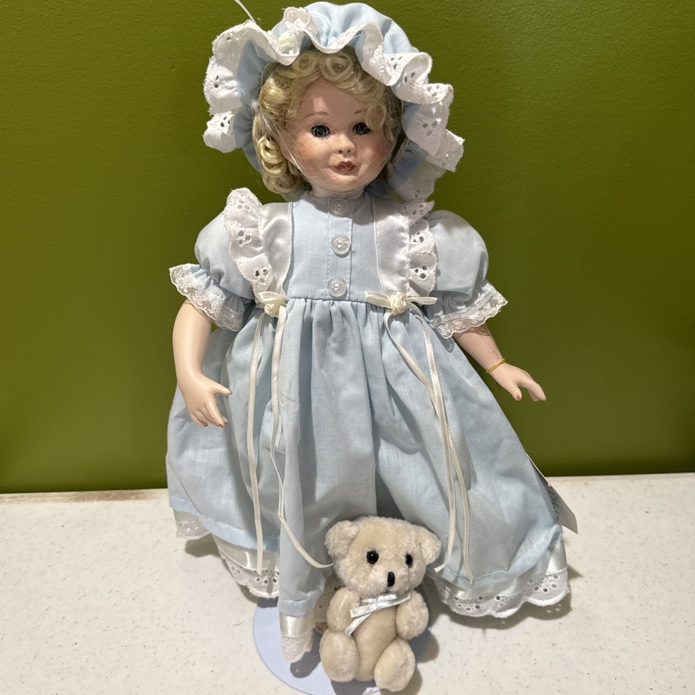 Vintage Paradise Galleries Elizabeth And Her Baby Bear Porcelain Doll With stand